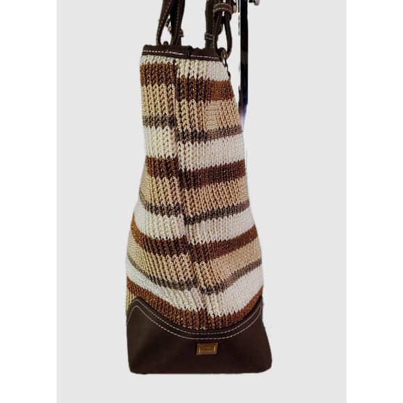 The SAK Beige Brown Stripe Crochet Shoulder Bag Purse Double Handle Satchel - Picture 6 of 16